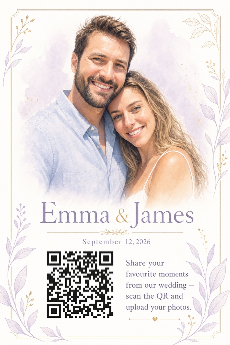 AI-crafted wedding QR card for Emma and James in a soft pastel style