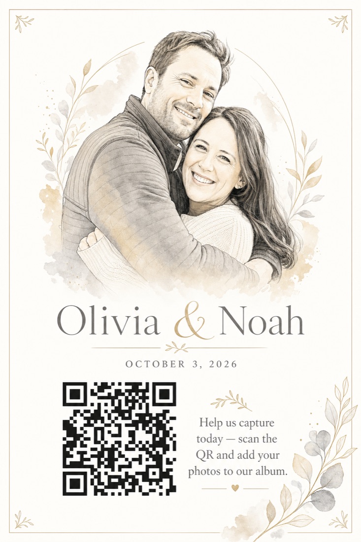 AI-crafted wedding QR card for Olivia and Noah in a fine line-art style