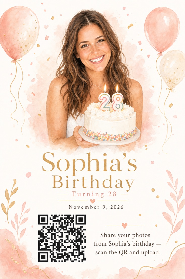 AI-crafted birthday QR card for Sophia in a watercolour style