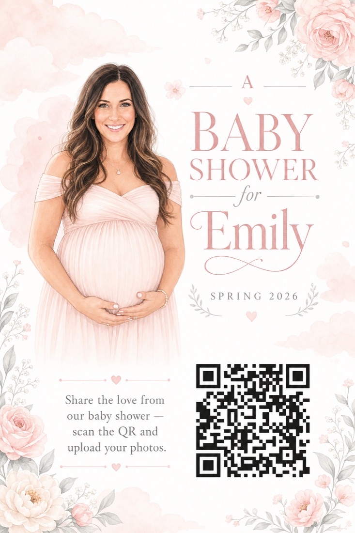 AI-crafted baby shower QR card for Emily in a soft pastel style