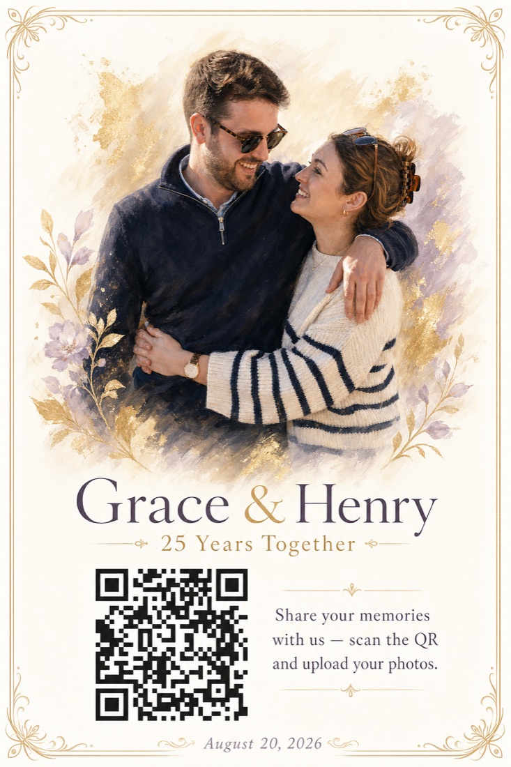 AI-crafted anniversary QR card for Grace and Henry with gold-leaf accents