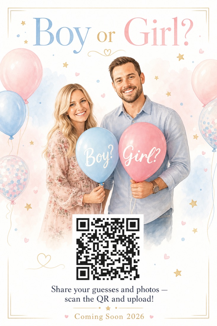 AI-crafted gender reveal QR card in a soft pastel style