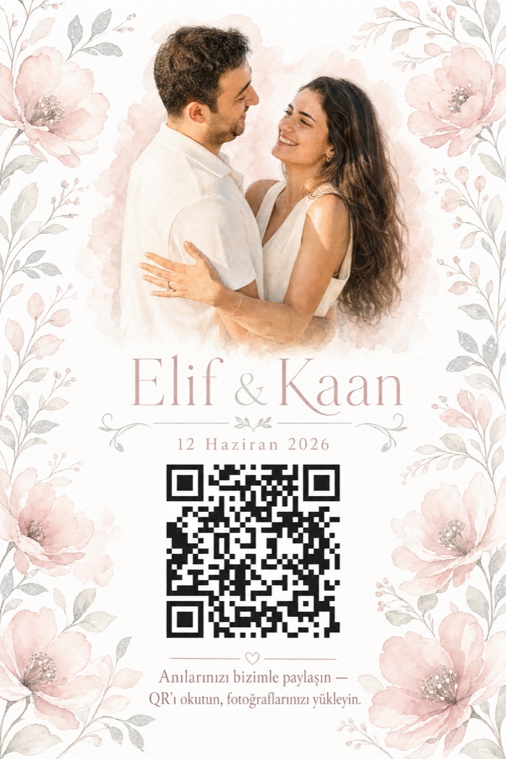 Elif ve Kaan için suluboya stilinde AI ile hazırlanmış düğün QR kartı