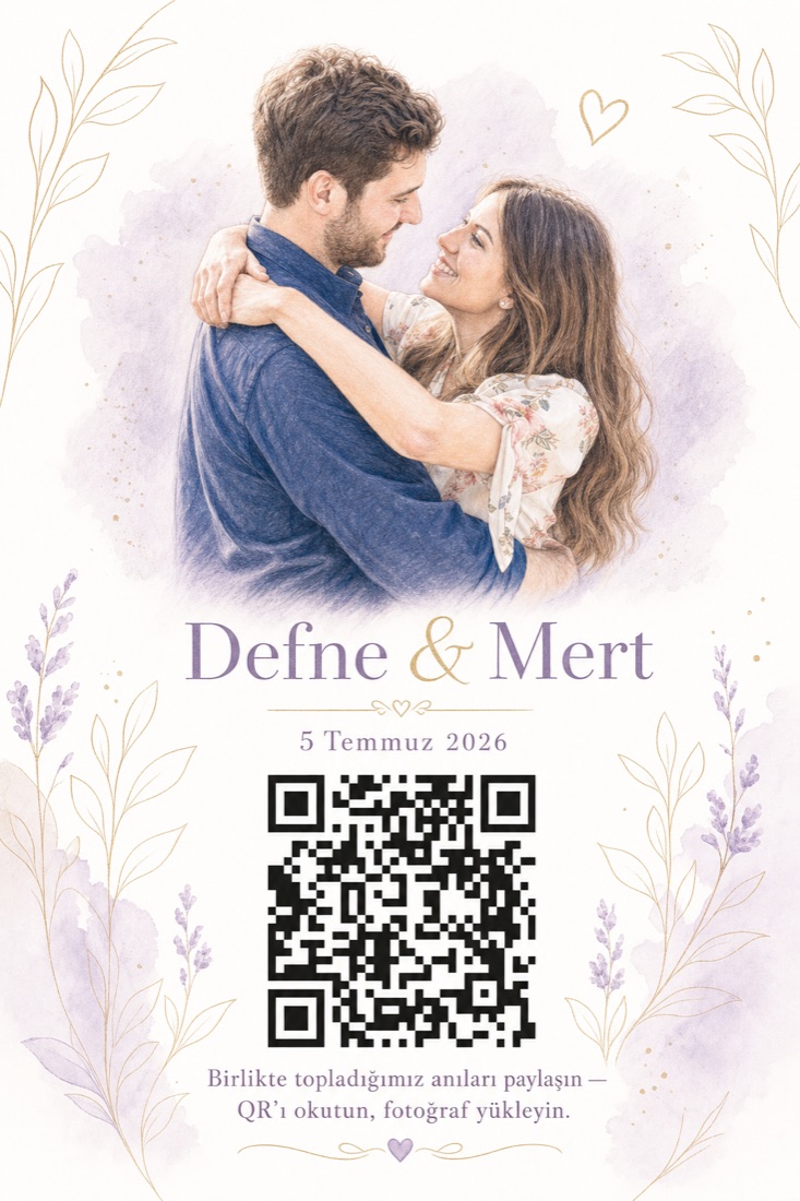 Defne ve Mert için pastel stilinde AI ile hazırlanmış düğün QR kartı