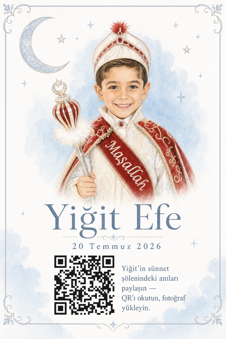 Yiğit Efe için suluboya stilinde AI ile hazırlanmış sünnet QR kartı