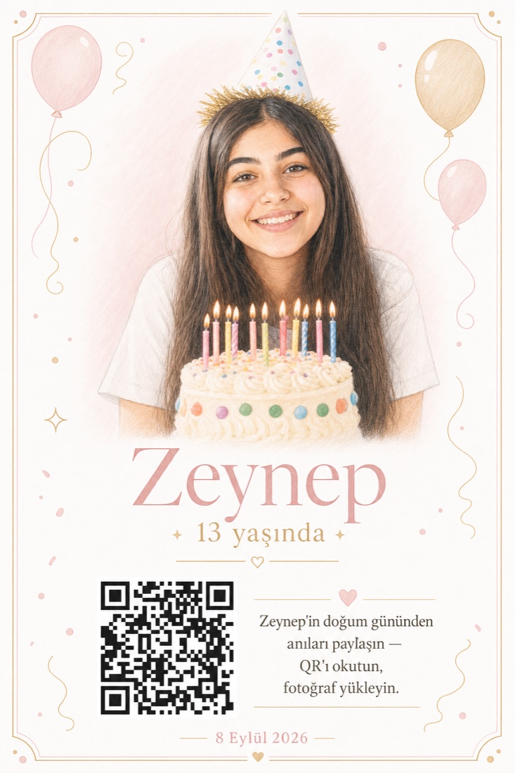 Zeynep'in doğum günü için pastel stilinde AI ile hazırlanmış QR kartı