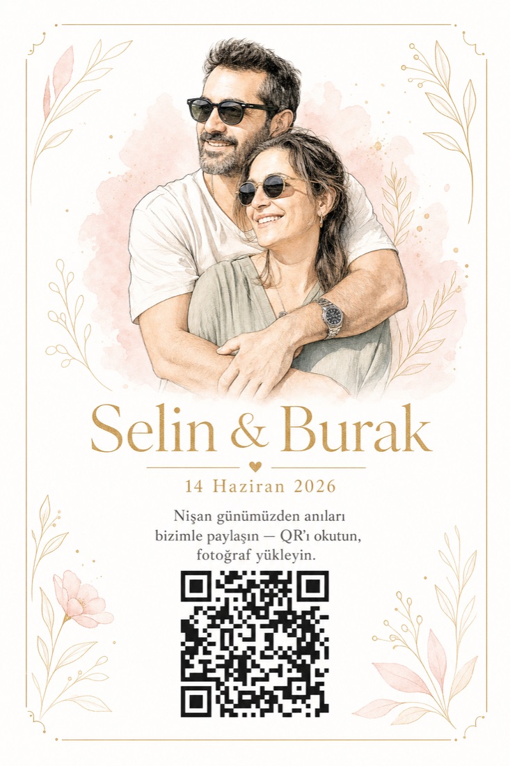 Selin ve Burak için ince çizgi stilinde AI ile hazırlanmış nişan QR kartı