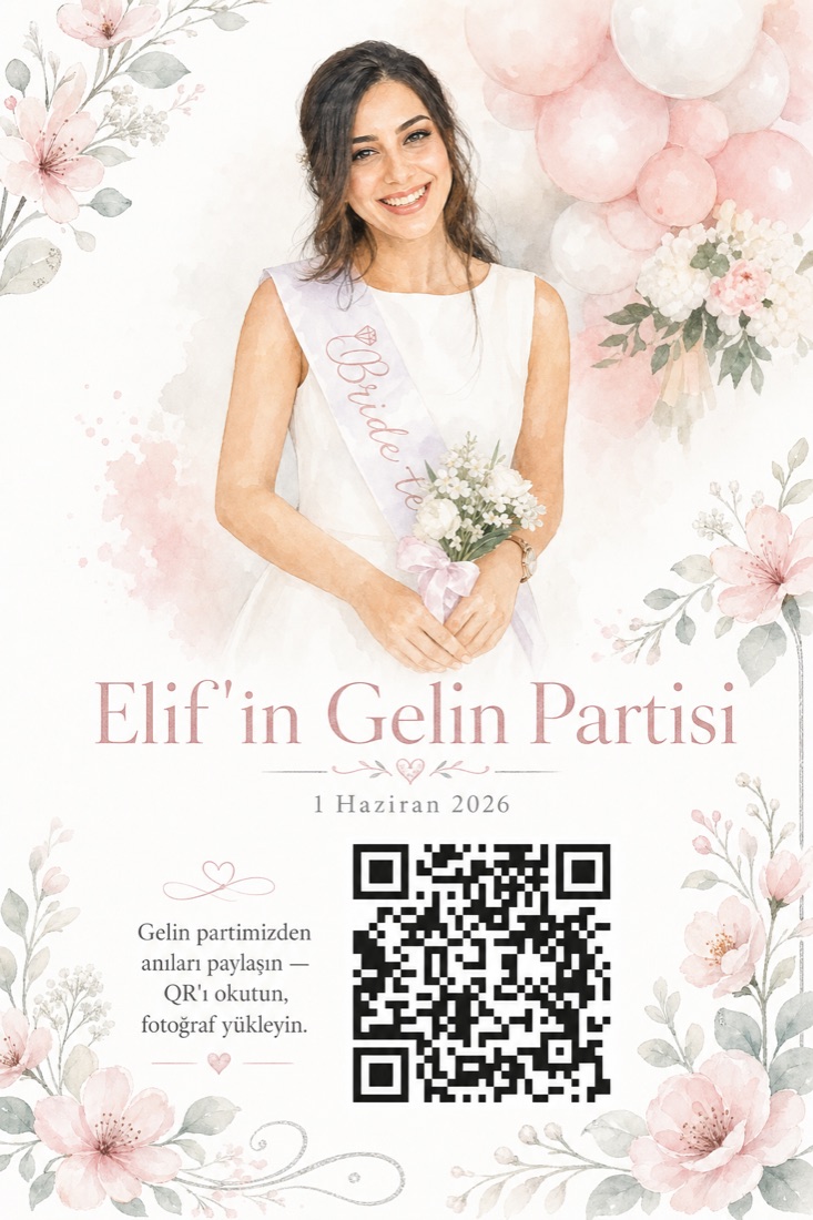 Elif'in gelin partisi için suluboya stilinde AI ile hazırlanmış QR kartı