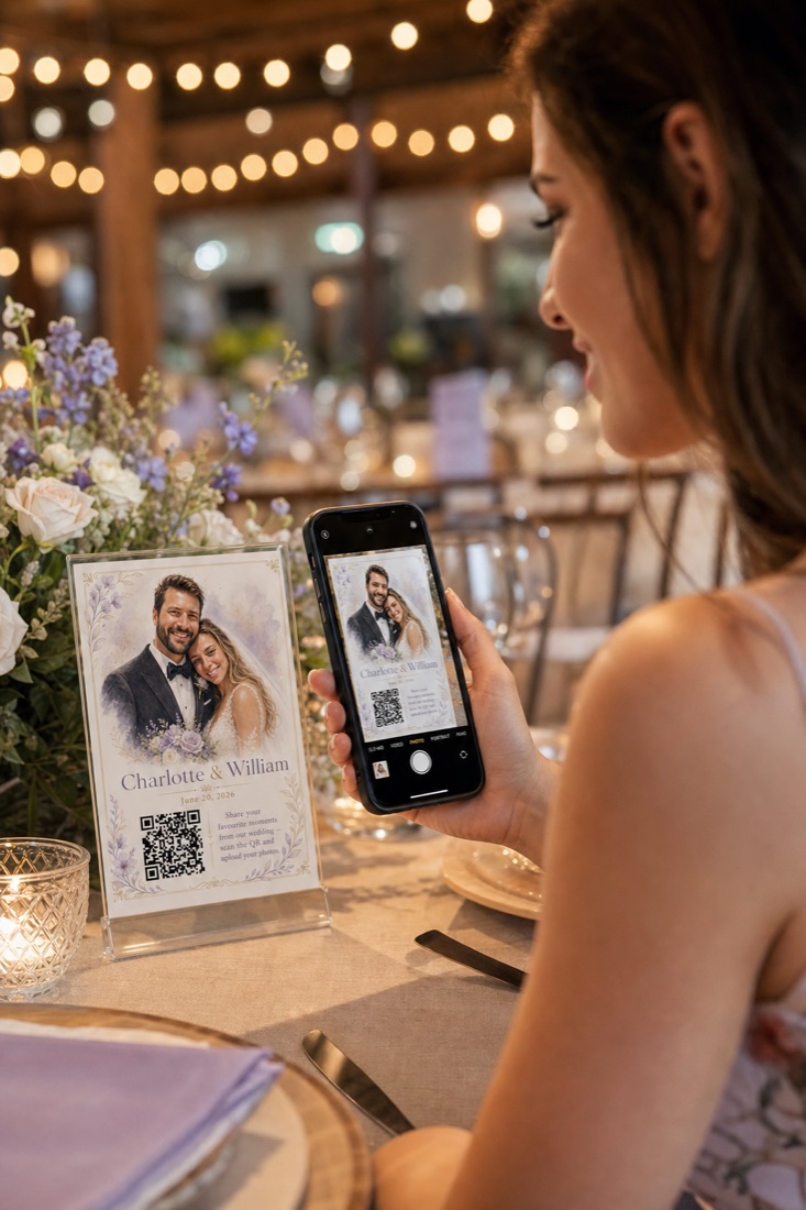 A QR card in a clear acrylic stand on a wedding table, a guest scanning the QR code with a phone