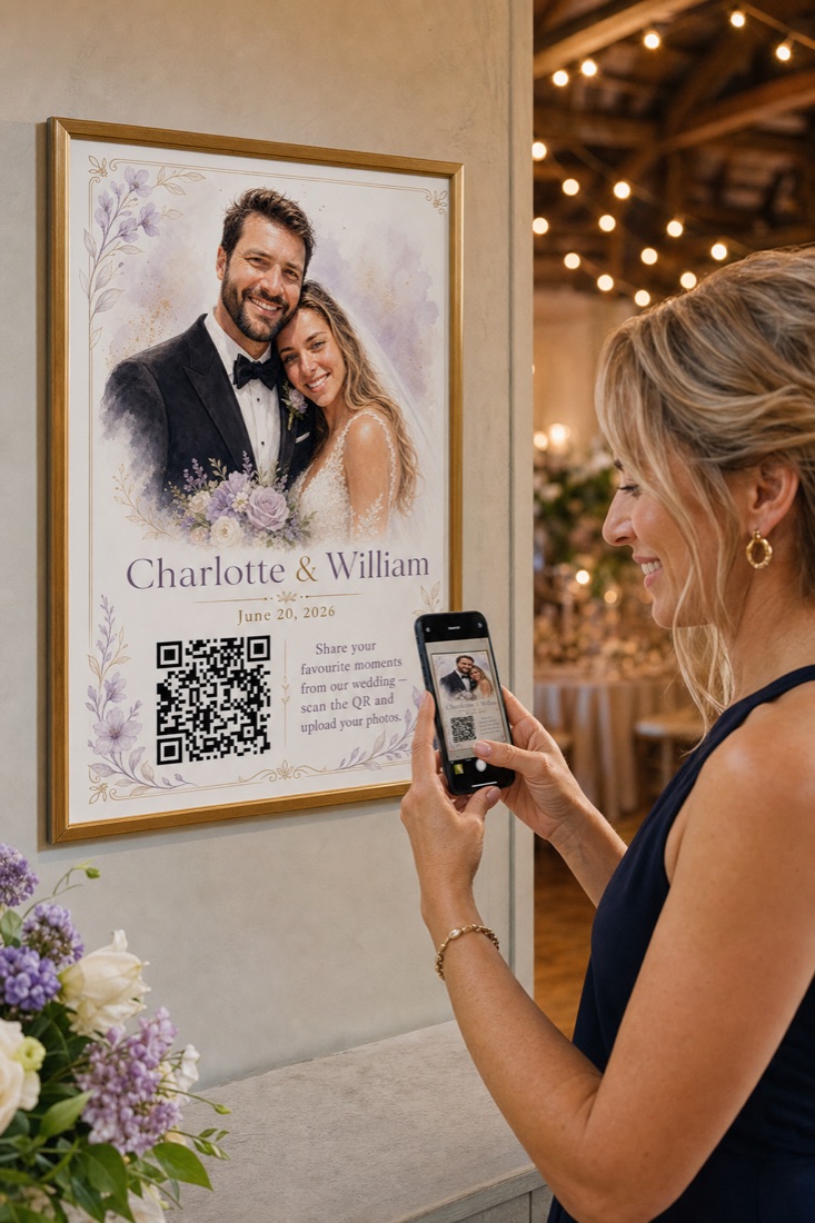 An elegant QR card on a wedding venue wall, a guest scanning it with a phone