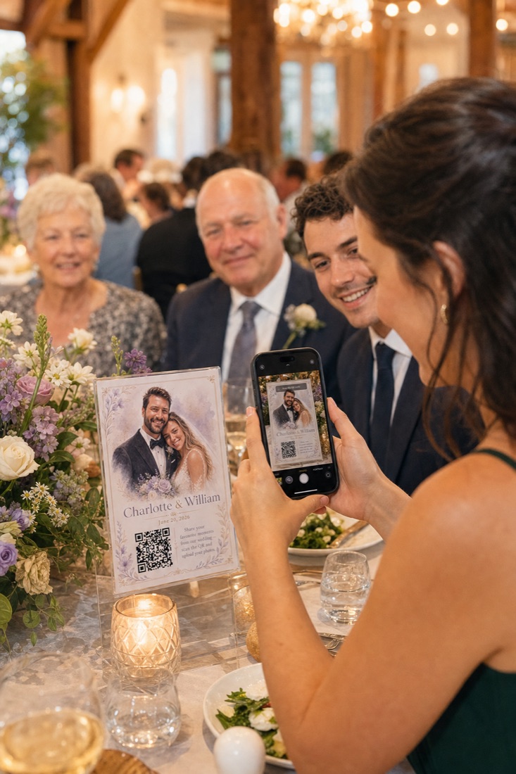 A crowded wedding table, guests of different ages sharing photos by scanning the QR