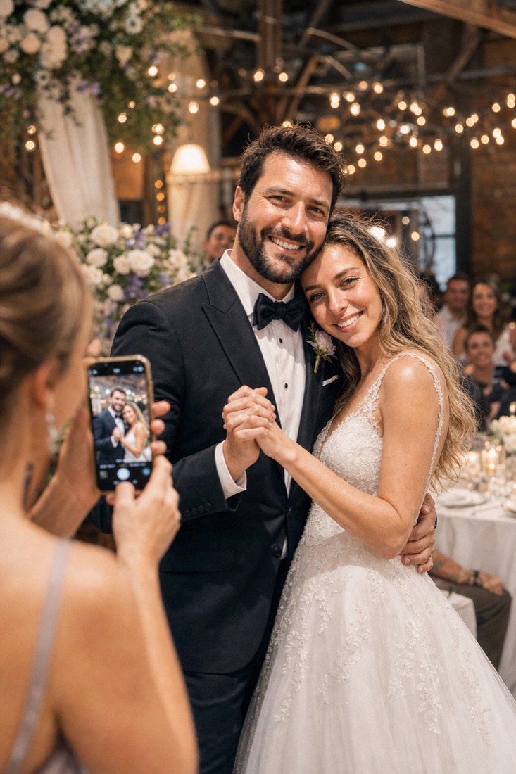 The bride and groom dancing while a guest captures the moment with a phone