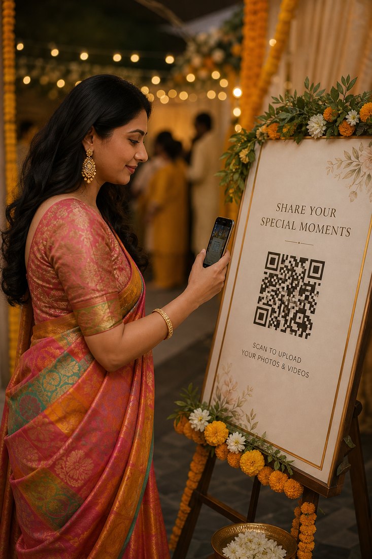 शादी की टेबल पर पारदर्शी एक्रिलिक स्टैंड में QR कार्ड, एक मेहमान फ़ोन से QR कोड स्कैन करते हुए