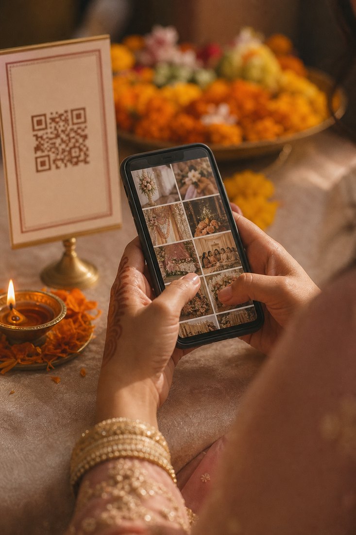 शादी के वेन्यू की दीवार पर ख़ूबसूरत QR कार्ड, एक मेहमान फ़ोन से उसे स्कैन करते हुए