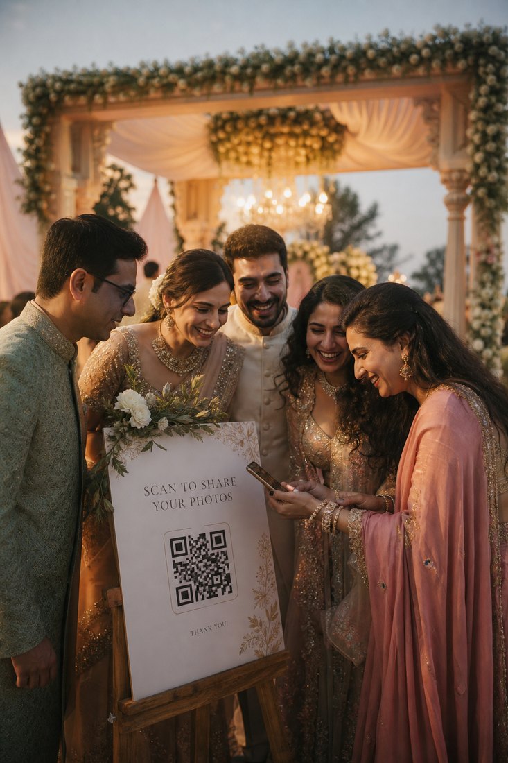 भरी-पूरी शादी की टेबल, अलग-अलग उम्र के मेहमान QR स्कैन कर फ़ोटो शेयर करते हुए