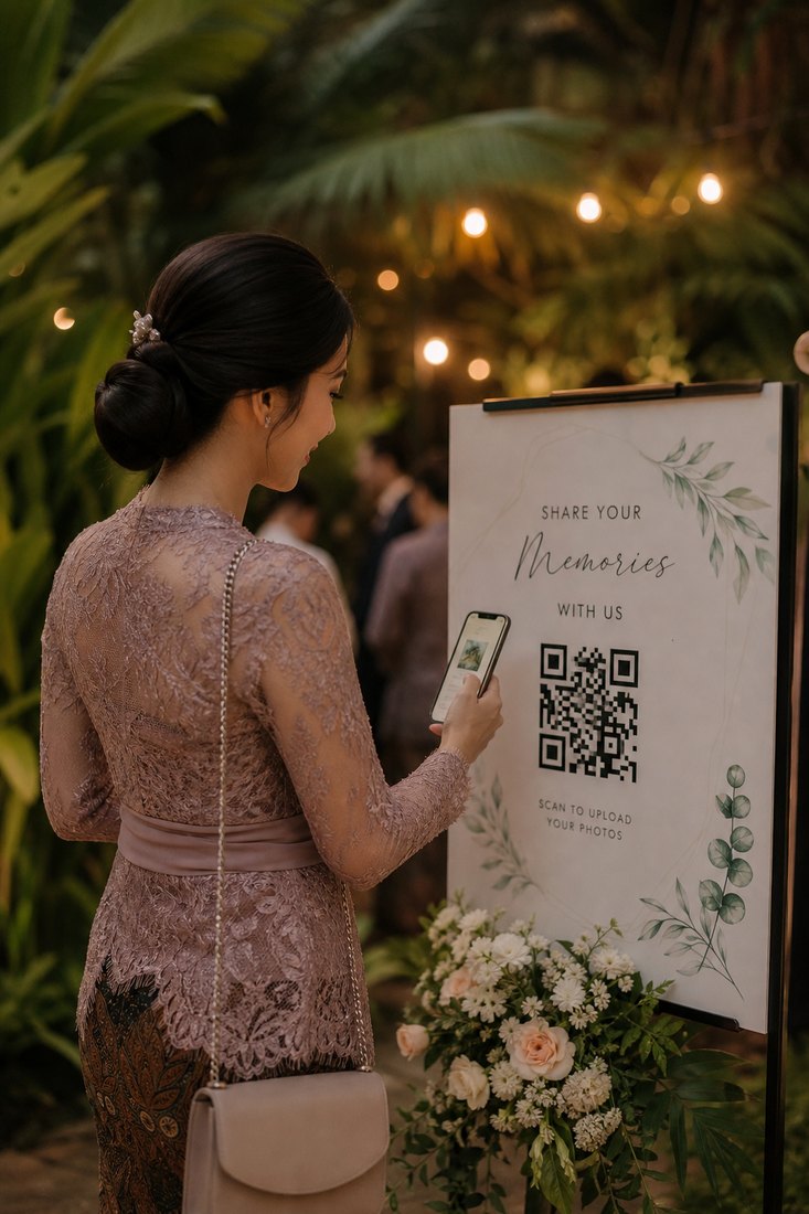 Kartu QR pada standee akrilik bening di meja pernikahan, seorang tamu memindai kode QR dengan ponsel