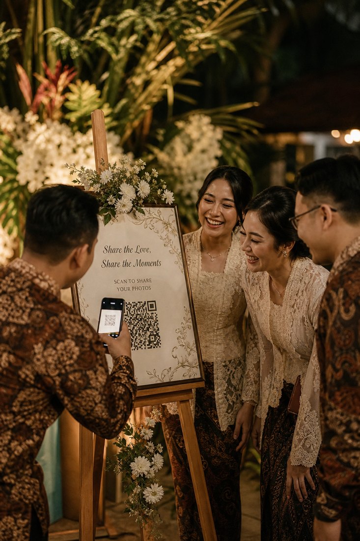 Meja pernikahan yang ramai, tamu dari berbagai usia berbagi foto dengan memindai kode QR