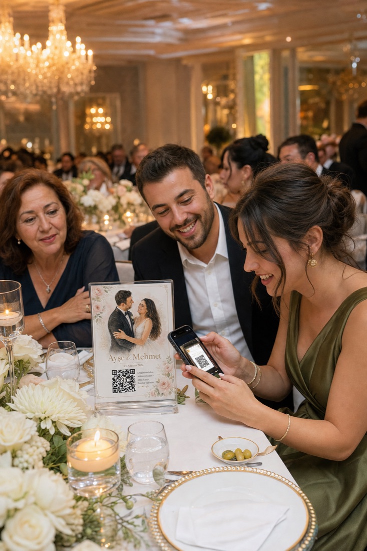 Kalabalık düğün masası, farklı yaşlardan misafirler QR okutarak fotoğraf paylaşıyor