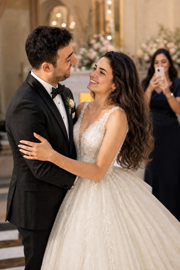 Gelin ve damat dans ederken bir misafir telefonuyla fotoğraf çekiyor